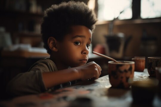 A happy African American child boy sitting at a desk, focused and diligently painting a ceramic mug for their mother. Mother's Day gift. Generative AI.