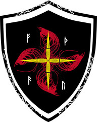 Red flower, Runes. Coat of arms, emblem, shield, tattoo design