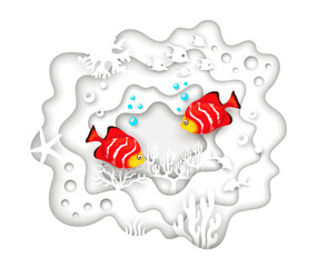 Tropical fish and white sea paper cut landscape with seaweeds and corals. 3d vector mesmerizing underwater scene, capturing the vibrant colors and intricate details of marine life inside of wavy frame
