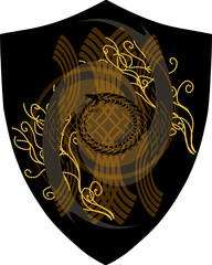 Serpent, ouroboros, golden branches. Coat of arms, emblem, shield, tattoo design