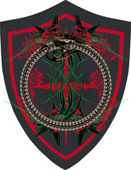 Thorny vines. Ouroboros, serpent or dragon eating its own tail. Coat of arms, emblem, shield, tattoo design