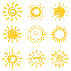 Summer sun, sun icon set. Hand drawing