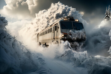 A modern high-speed train, an electric train, makes its way through snowdrifts. Snowfall and poor cleaning of streets and roads from snow in winter concept.  - obrazy, fototapety, plakaty