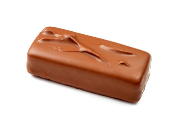 Chocolate bar with filling on a white background.