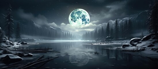Forest, lake, mountains and a big night moon