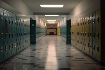 An empty school corridor with locker doors open, waiting for the rush of students. This image conveys a sense of anticipation and excitement for the upcoming school year.