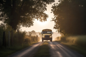 A yellow school bus driving along a tree-lined road under a morning sky. This image captures the start of a new school day and the anticipation of the journey ahead. - obrazy, fototapety, plakaty