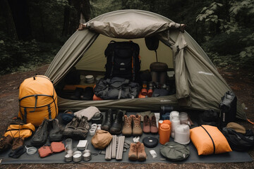 An assortment of camping gear neatly arranged outside a tent. This image signifies the practical preparation needed for a successful camping trip.