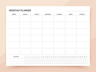 Monthly planner. Timetable for month with habit tracker. Journal page template. Week starts Sunday. Homework organizer. Empty schedule. Simple blank of diary. Paper size A4. Vector illustration.