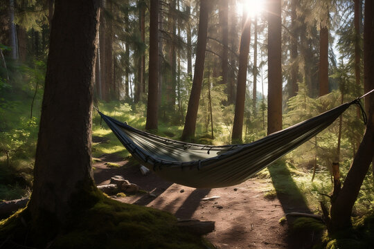 An inviting hammock hangs between two trees at a sunny forest campsite. This image evokes relaxation and the enjoyment of natural beauty during a summer camping trip.