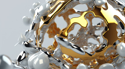 Gold oil drops in white paint splash, abstract 3D liquid glass background wallpaper in AI generative