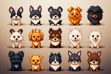 Icon set of 15 icons, drawn dogs of different colors and breeds, beige background. Collection different breeds of canines. 