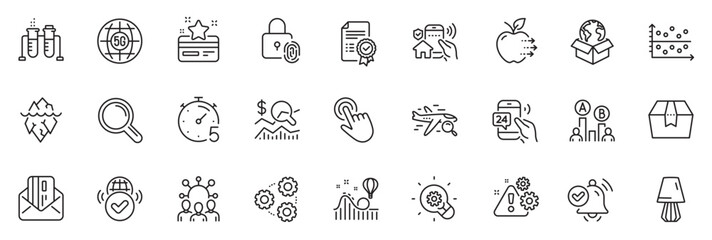 Icons pack as Chemistry beaker, Search flight and Fingerprint lock line icons for app include Timer, 5g internet, House security outline thin icon web set. Ab testing, Research. Vector