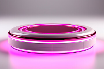 Empty round podium with pink neon lights on a light background, dark space for copy and your product. Generative AI.