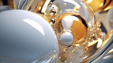 Gold oil drops in white paint splash, abstract 3D liquid glass background wallpaper in AI generative