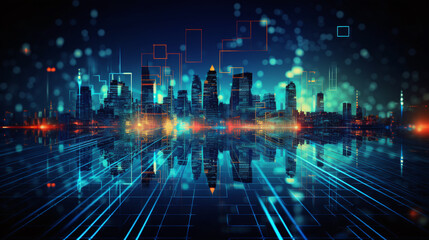 Ai generated illustration of futuristic city. Smart technology cyberspace. Information network of data center. Abstarct background blue wallpaper