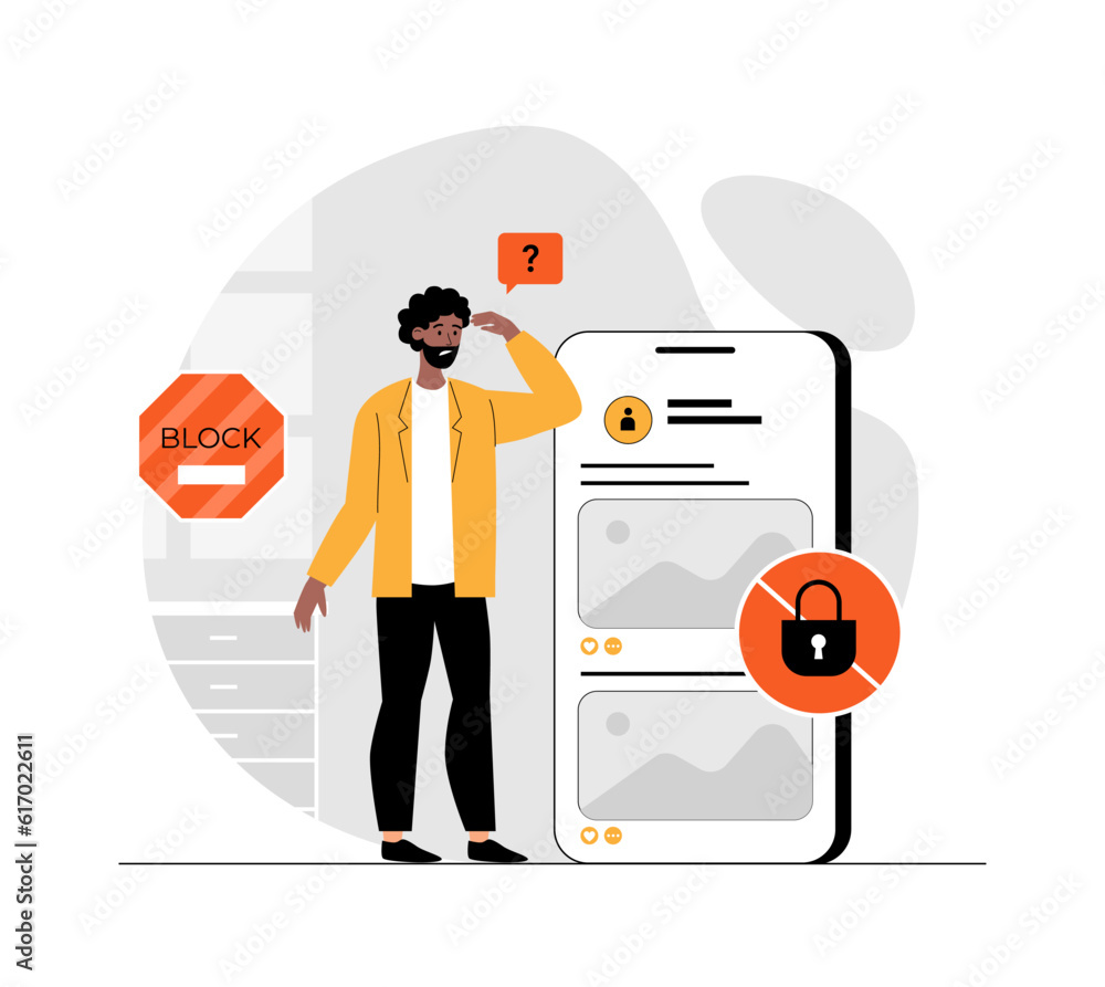 Poster blocking, banned user account on social media. error, access is denied. account safety and secure. i