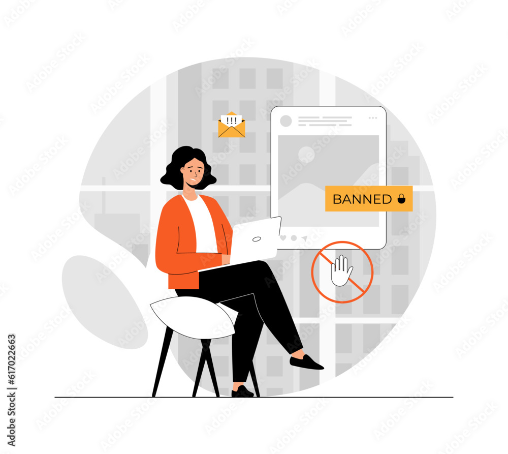 Poster blocking, banned user account on social media. error, access is denied. account safety and secure. i