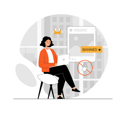 Blocking, banned user account on social media. Error, access is denied. Account safety and secure. Illustration with people scene in flat design for website and mobile development.