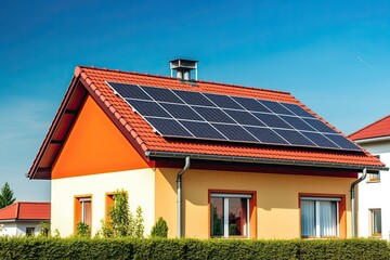 Photovoltaic solar panels on rooftop, Green energy renewable concept, ESG 2050 net zero carbon neutrality goals