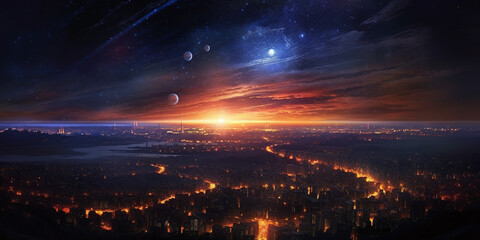 Futuristic city in night lights with galaxy planets in sky, fantasy realistic background. Sunset in futuristic megapolis with space moon on horizon in AI generative © Ron Dale