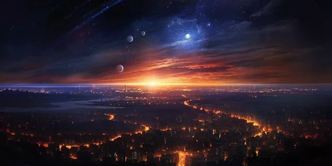 Futuristic city in night lights with galaxy planets in sky, fantasy realistic background. Sunset in futuristic megapolis with space moon on horizon in AI generative © Ron Dale