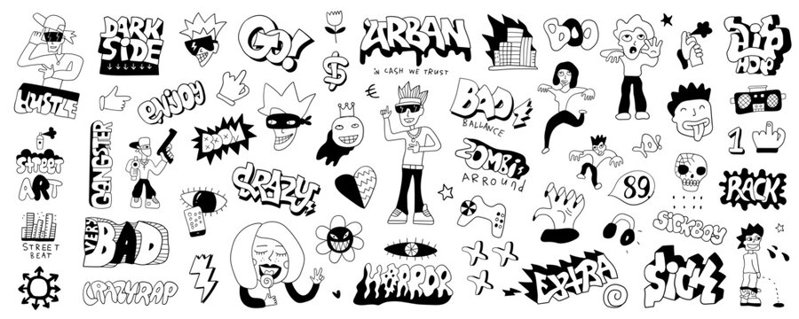 
  crazy doodle characters words graffiti style isolated vector set
