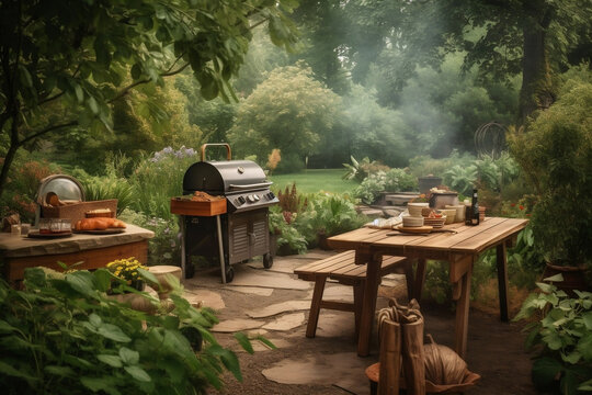 This image portrays a rustic outdoor barbecue setup featuring a smoking grill, a picnic table loaded with food, all set against a lush garden background. It highlights the charm of outdoor dining