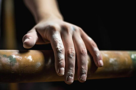 A close-up of a gymnast's chalk-covered hands gripping the uneven bars. This image highlights the strength, discipline, and skill required in Olympic gymnastics.