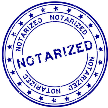 Grunge blue notarized word with star icon round rubber seal stamp on white background