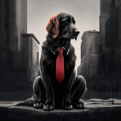 A black dog in a tie is tired of the bustle of the city. Generative AI.
