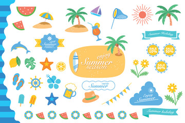 A set of clip art decorations with summer themes,