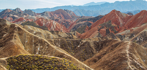 Panorama of the three layers of Rainbow mountains, Zhangye Danxia geopark, China