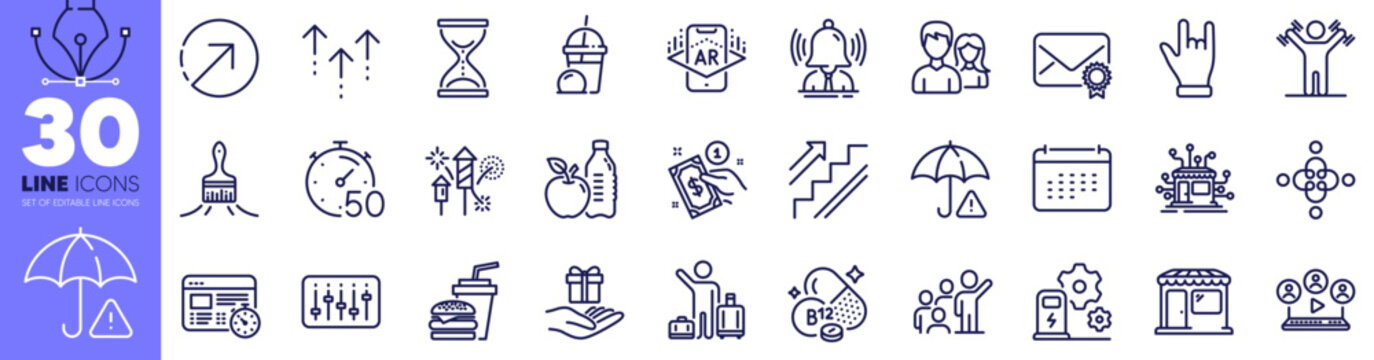 Healthy food, Fireworks rocket and Distribution line icons pack. Web timer, Loyalty program, Swipe up web icon. Direction, Dj controller, Dumbbells workout pictogram. Time hourglass. Vector