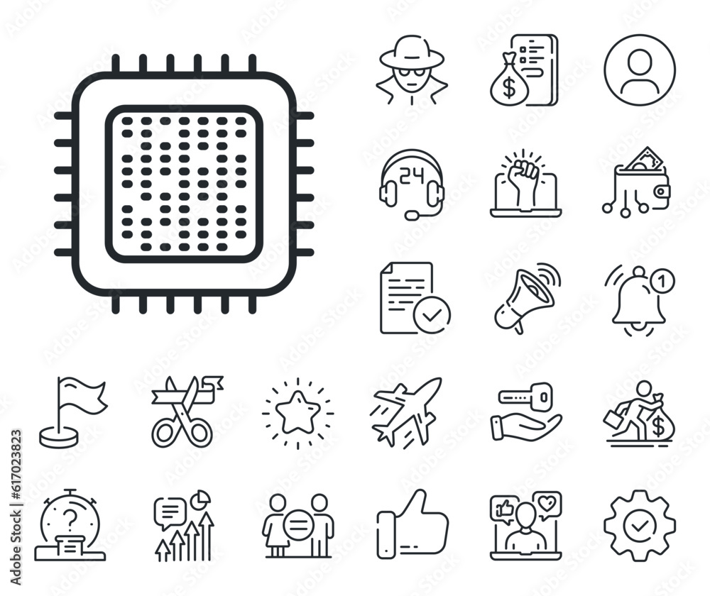 Poster computer component sign. salaryman, gender equality and alert bell outline icons. cpu processor line