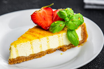 cheesecake slice fresh strawberrie, basil sweet dessert pastry meal food snack on the table copy space food background rustic top view