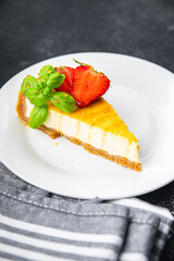 cheesecake slice fresh strawberrie, basil sweet dessert pastry meal food snack on the table copy space food background rustic top view