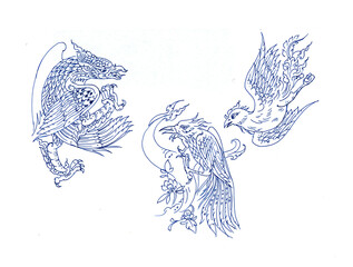 hand drawn of fantasy birds pen drawing for card decoration illustration