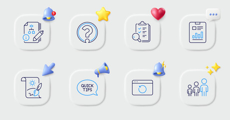 Question mark, Recovery internet and Business hierarchy line icons. Buttons with 3d bell, chat speech, cursor. Pack of Report document, Inspect, Quickstart guide icon. Vector