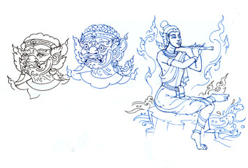 Fototapeta na wymiar angel and demon pen drawing for card illustration background