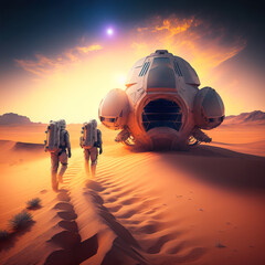 Fototapeta na wymiar Astronauts walk towards a spaceship through a sandy desert on a distant planet. Generative AI.