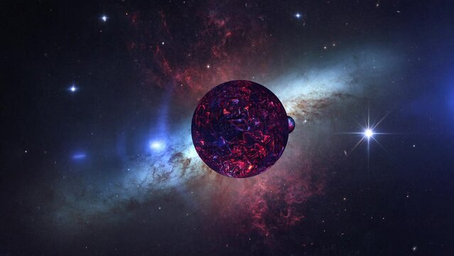 Abstract outer space view Unidentified alien planet with The Magnificent Starburst Galaxy M82 in distant universe background animation abstract Sci Fi galaxy cinematic title