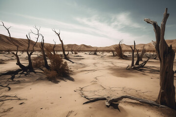 Dead trees stand in a desert-like landscape, a stark reminder of the vegetation loss due to prolonged periods of drought.