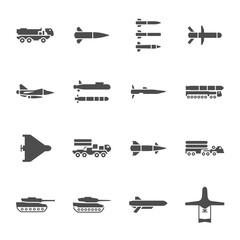 Modern armament vector icon set. Artillery, missiles, anti-aircraft systems icons. War weapons.