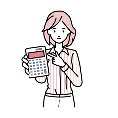 a woman in shirt work style recommending, proposing, showing estimates and pointing a calculator with a smile
