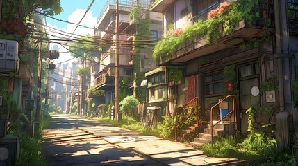 Fototapeta na wymiar Enchanting anime-style illustration: abandoned towns awakened by nature's grace - old street in the city, Generative AI
