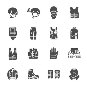 Army gear vector icon set. Military equipment and clothing icons.