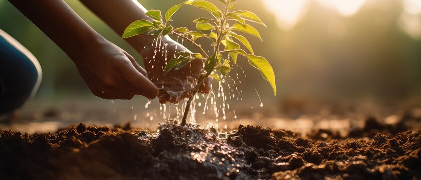 close up hand holding water and watering young tree to growing up in park in sunset, Generative ai.