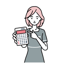 an esthetician, receptionist woman recommending, proposing, showing estimates and pointing a calculator with a smile