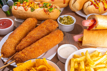 National Hot Dogs day background, hotdog summer party festival foods, Various type of traditional hot dogs - french, corn dog, classic. mexican loaded hotdog, with snack, beer bottles and sauces - Powered by Adobe